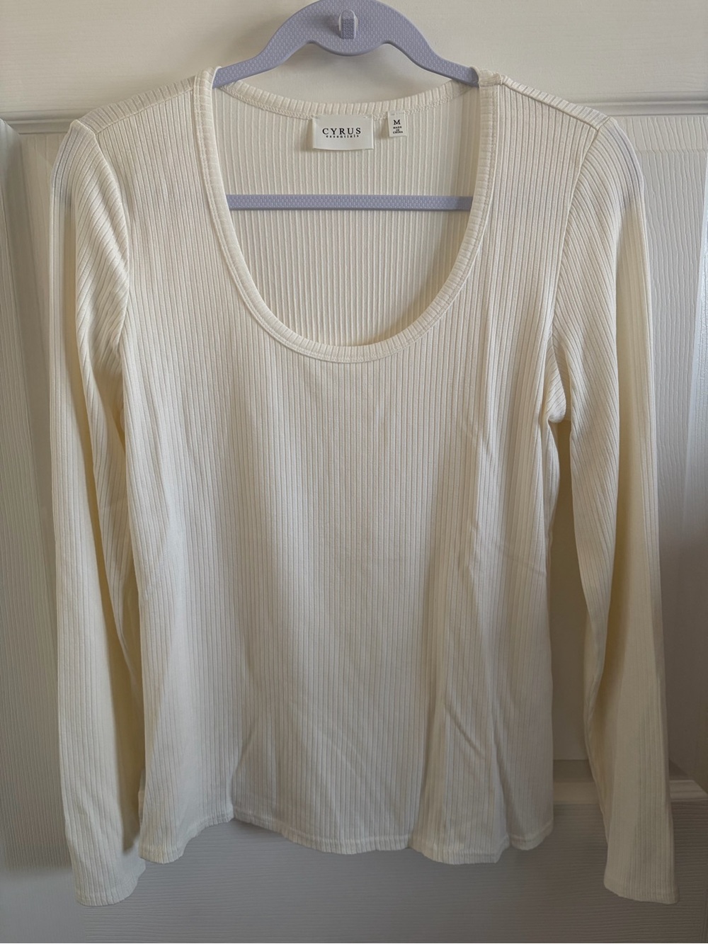 Cyrus Cream Ribbed Long Sleeve Scoop Neck Top